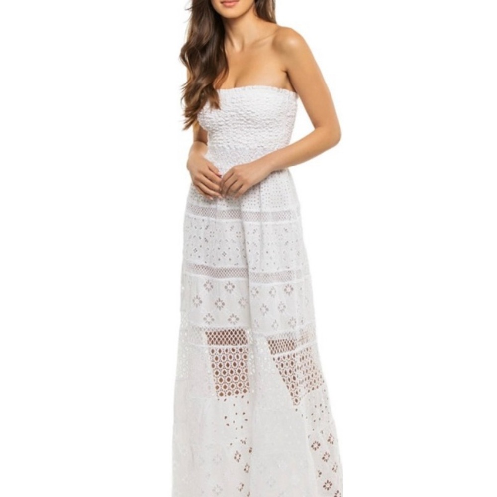 Temptation Positano Belem Embroidered Strapless Lace Maxi Dress in White